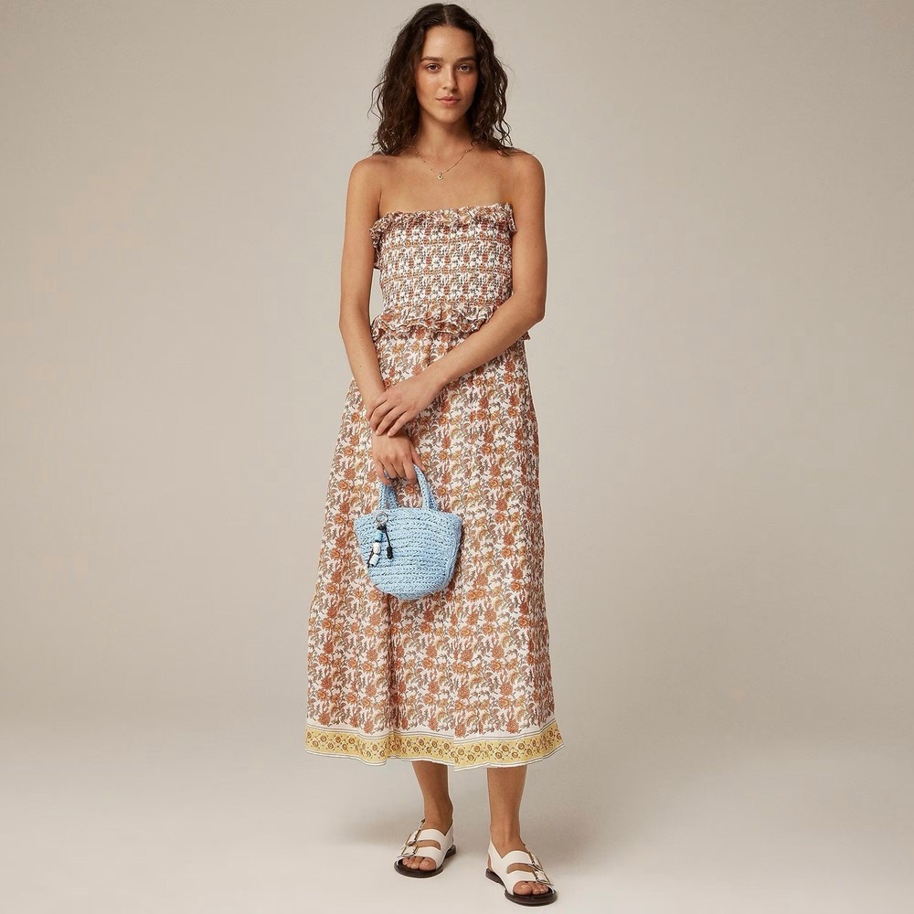 NWT!! J. CREW Ravenna Dress Sunset Rose Blockprint Floral Ramie Strapless Medium
